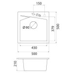 Metalac Inko, dřez X LINEA 50 Grafit černý dřez, otvor pro baterii, 500 x 500 mm, průměr  90 mm pro sifon
