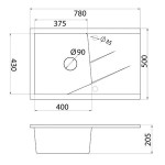 Metalac Inko, dřez X LINEA PLUS Grafit šedá, 780 x 500 mm, průměr 90 mm pro sifon