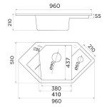 Metalac Inko, X DIAMOND Grafit šedá roh. dřez  960 x 510 x 210 mm, průměr  90 mm pro sifon