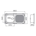 Metalac Inko, nerezový dřez LUNA 1D s odkap. universal, nerez 0,6 mm (860 x 435 x 165 mm), průměr 90 mm pro sifon, 5 let záruka