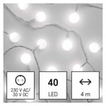 LED světelný cherry řetěz – kuličky 2,5 cm, 4 m, venkovní i vnitřní, studená bílá, časovač