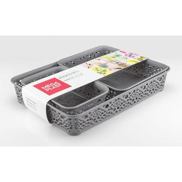 Mega Plast, Set košíky MONAKO XS + S + M, 6,5 x 36 x 27 cm, šedá metalíza