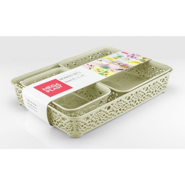 Mega Plast, Set košíky MONAKO XS + S + M, 6,5 x 36 x 27 cm, světle šedý