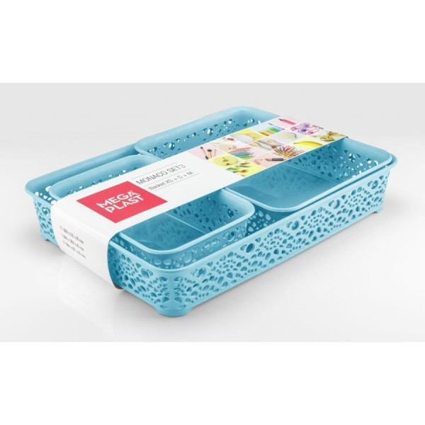 Mega Plast, Set košíky MONAKO XS + S + M, 6,5 x 36 x 27 cm, světle modrý